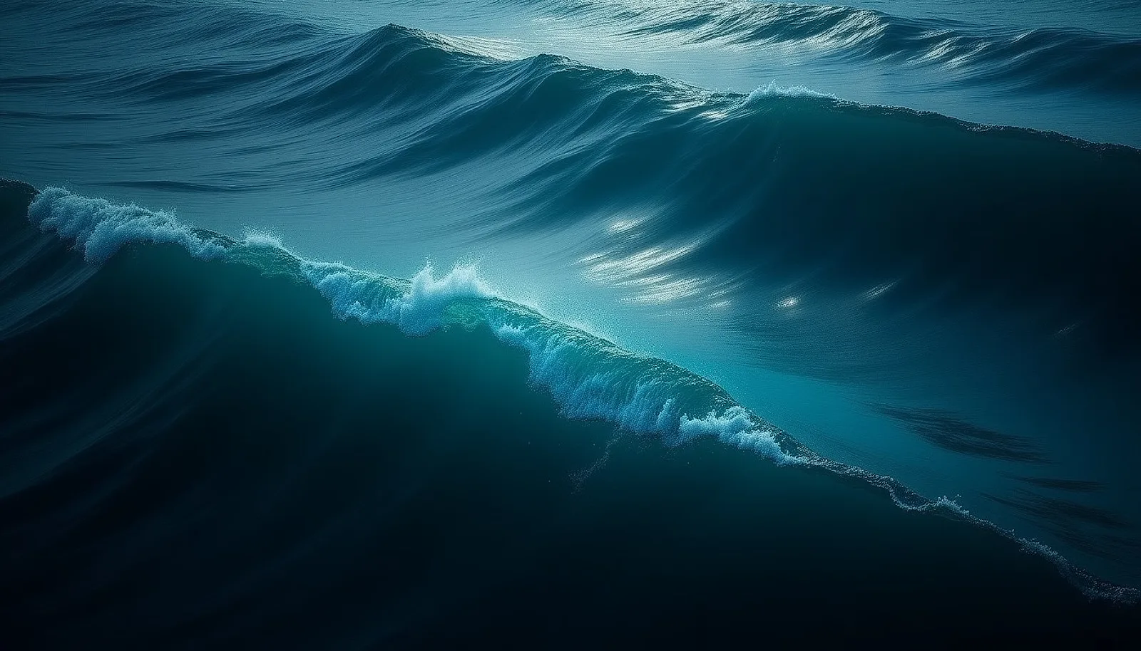 Dark blue ocean waves with delicate cyan sparkles of light on the crests