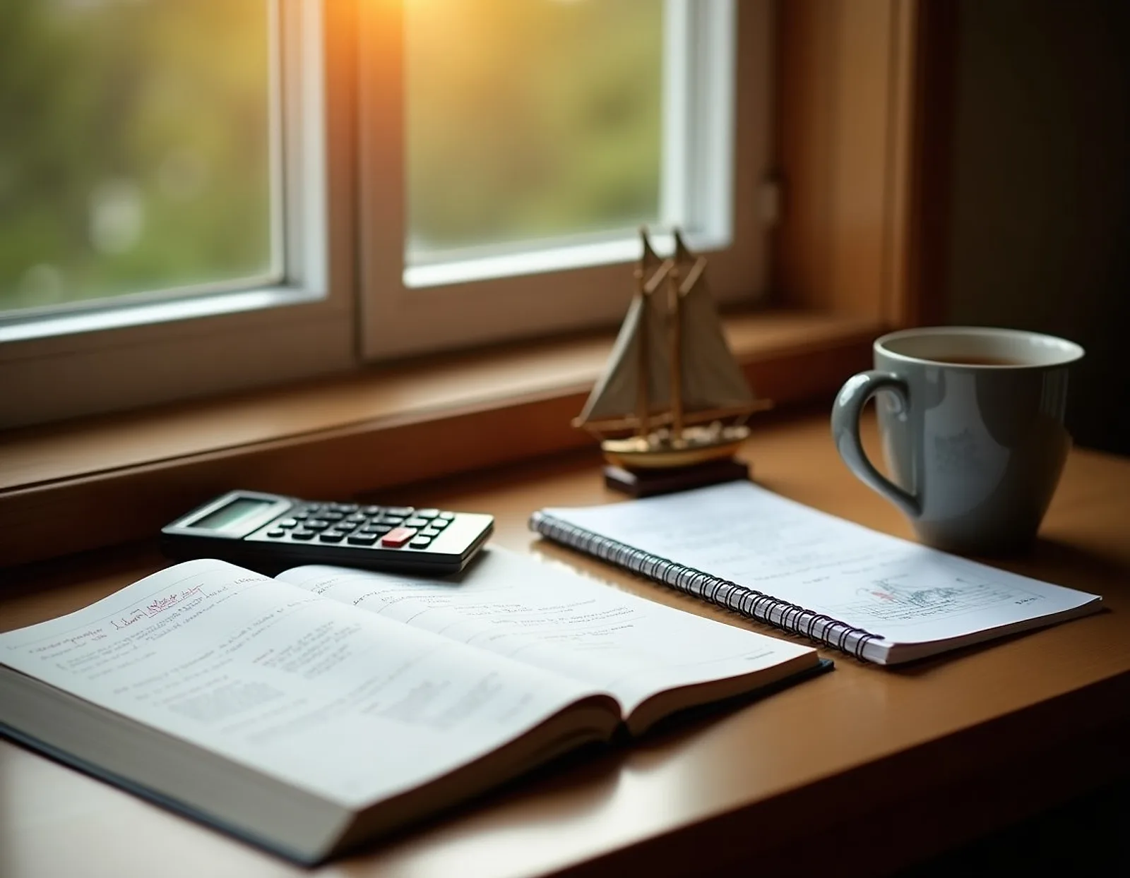 Study desk by a window with textbooks, a calculator, notes and a small brass ship model