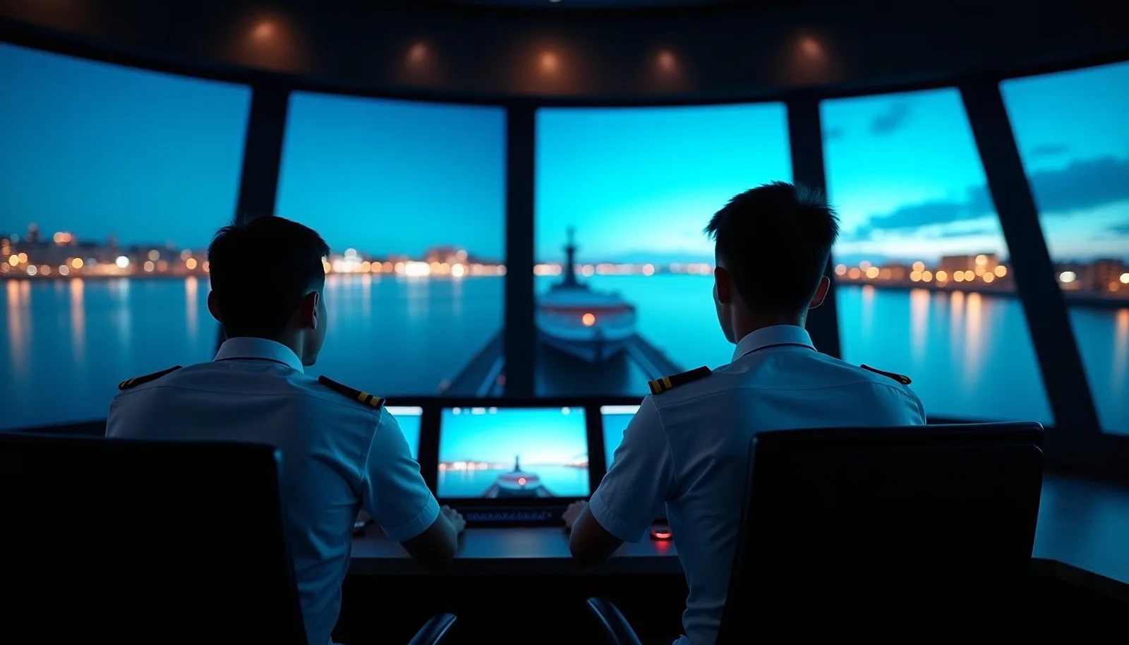Cadets seated at a ship bridge simulator with wide glowing screens in a darkened room